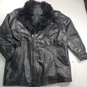 VTG? Martinelli Black Leather Jacket Fur Collar Zip Down Lined Womens Sz L READ